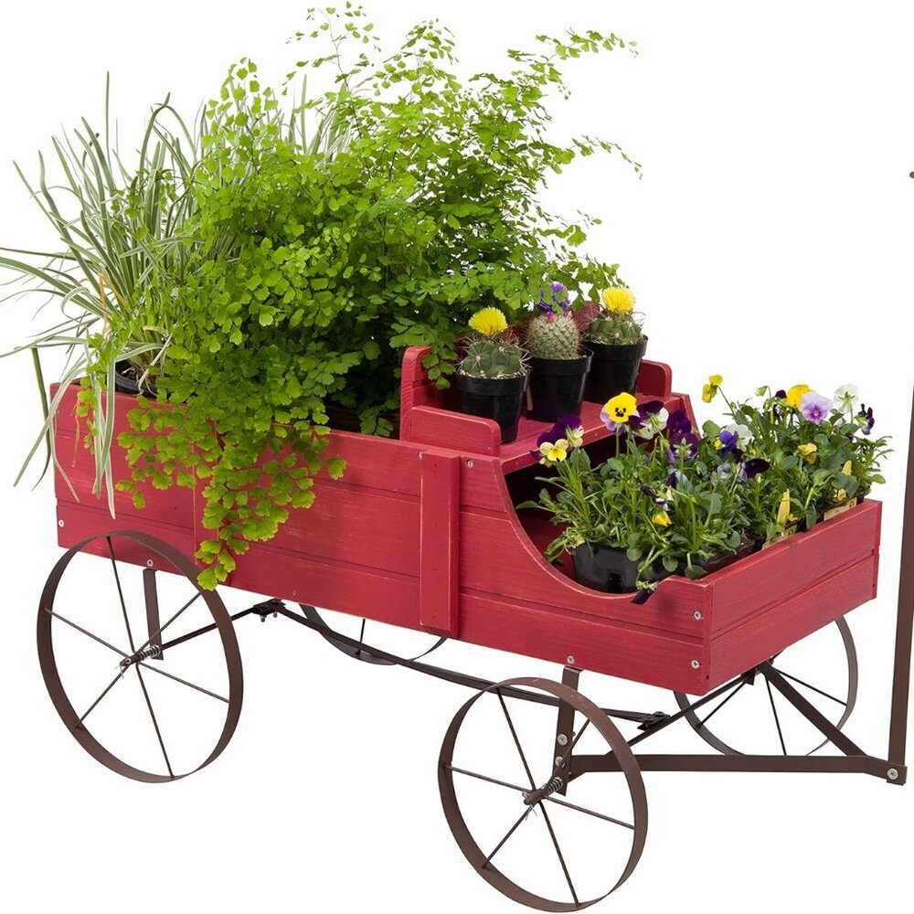 Decorative Wagon Garden Planter, Wooden Wagon Yard Décor for Outdoor Plants, Lar